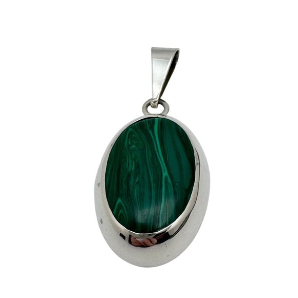 Taxco .925 Sterling Silver & Malachite Oval Pendant Vintage Gift - Picture 1 of 8